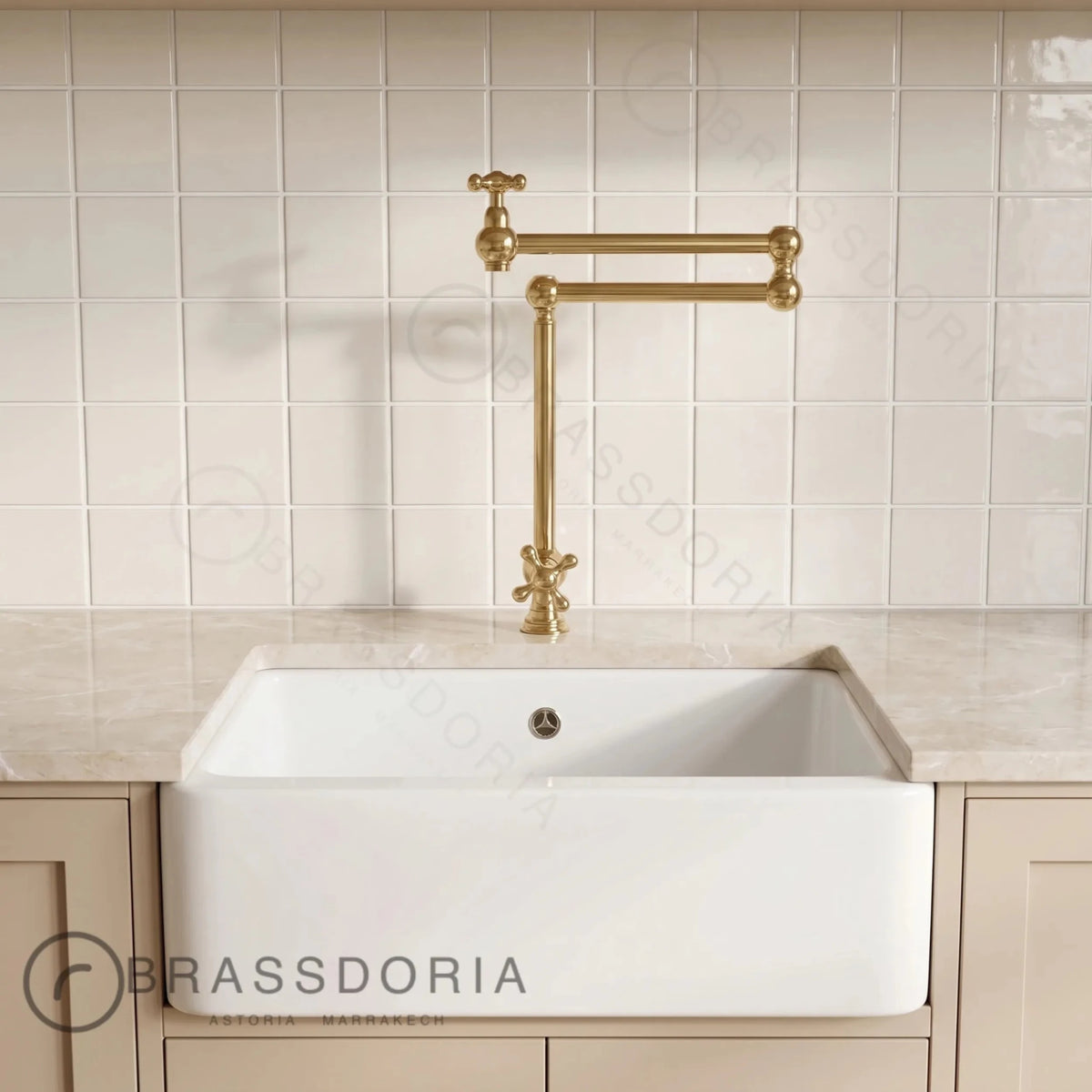 Unlacquered Brass Deck-Mounted & Swing Arm Kitchen Faucet – Cross Handles & Articulated Spout - BRASSDORIA