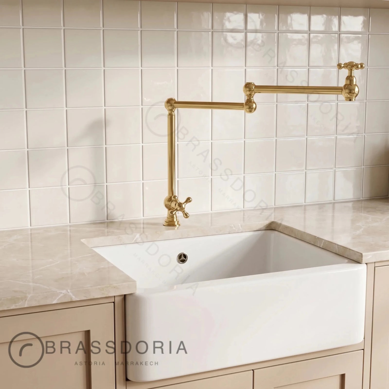 Unlacquered Brass Deck-Mounted & Swing Arm Kitchen Faucet – Cross Handles & Articulated Spout - BRASSDORIA