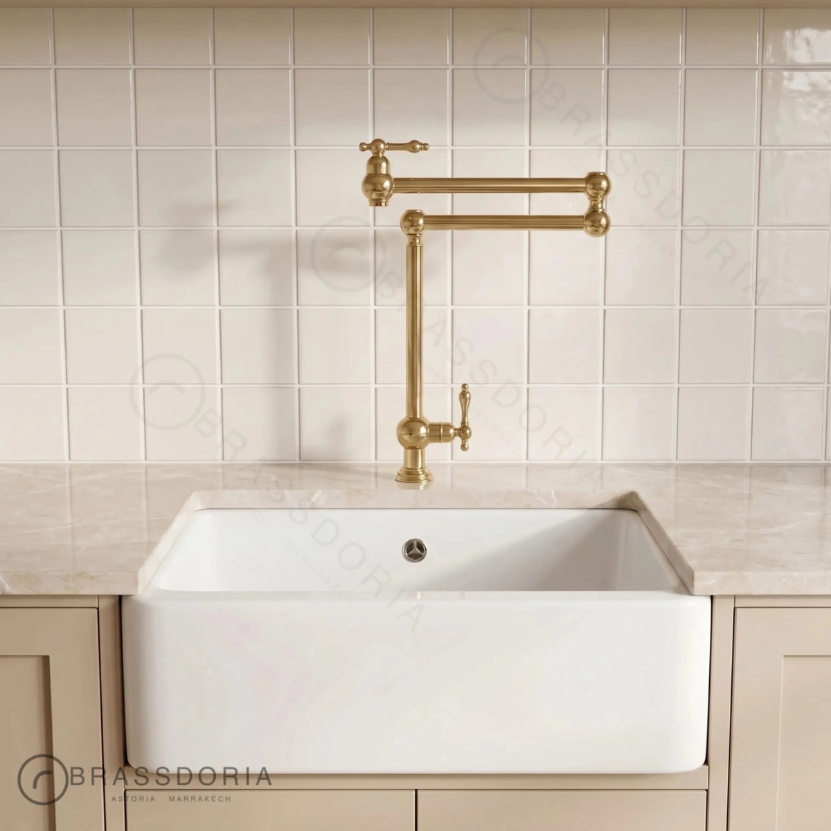 Unlacquered Brass Deck-Mounted & Swing Arm Kitchen Faucet – Cross Handles & Articulated Spout - BRASSDORIA