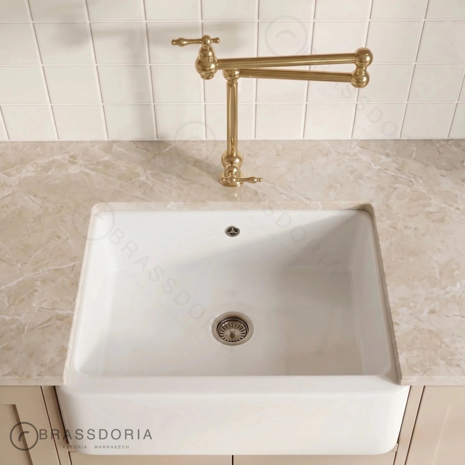 Unlacquered Brass Deck-Mounted & Swing Arm Kitchen Faucet – Lever Handles & Articulated Spout - BRASSDORIA