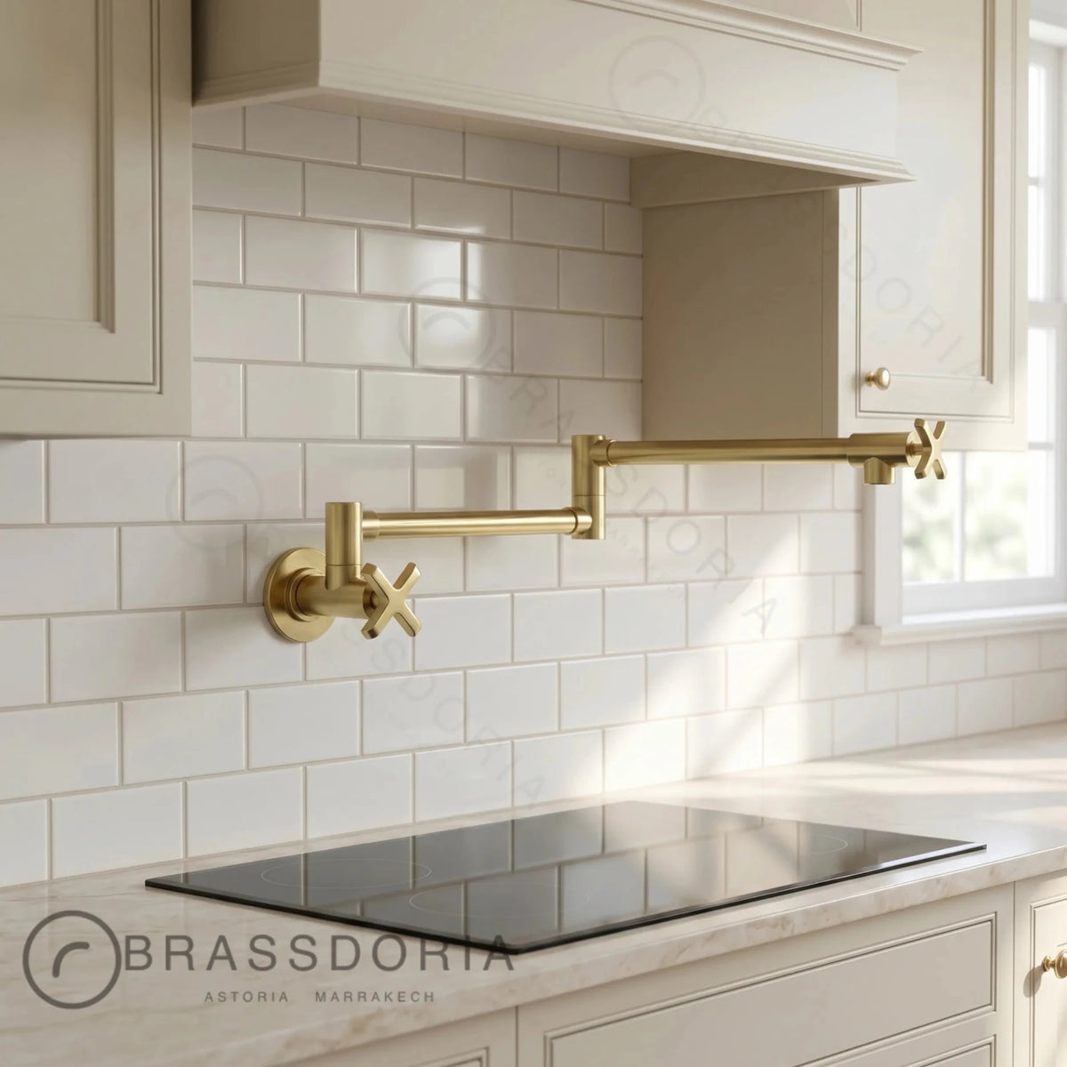 Unlacquered Brass Double Joint Pot Filler Faucet – Wall Mounted Antique Kitchen Tap with Cross Handles - BRASSDORIA