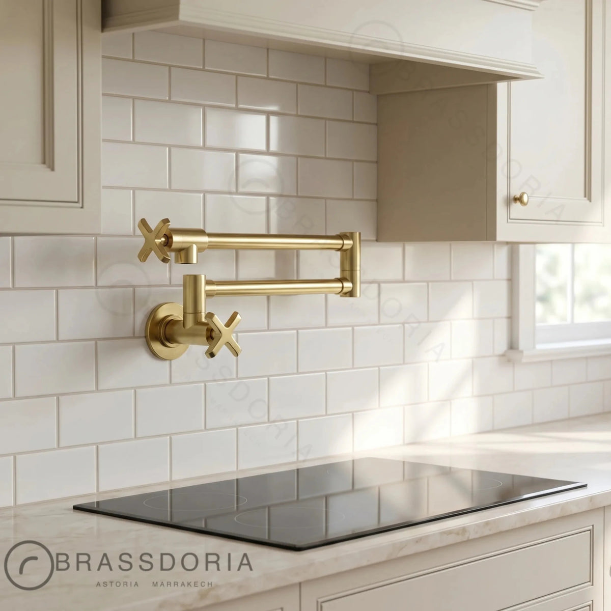 Unlacquered Brass Double Joint Pot Filler Faucet – Wall Mounted Antique Kitchen Tap with Cross Handles - BRASSDORIA