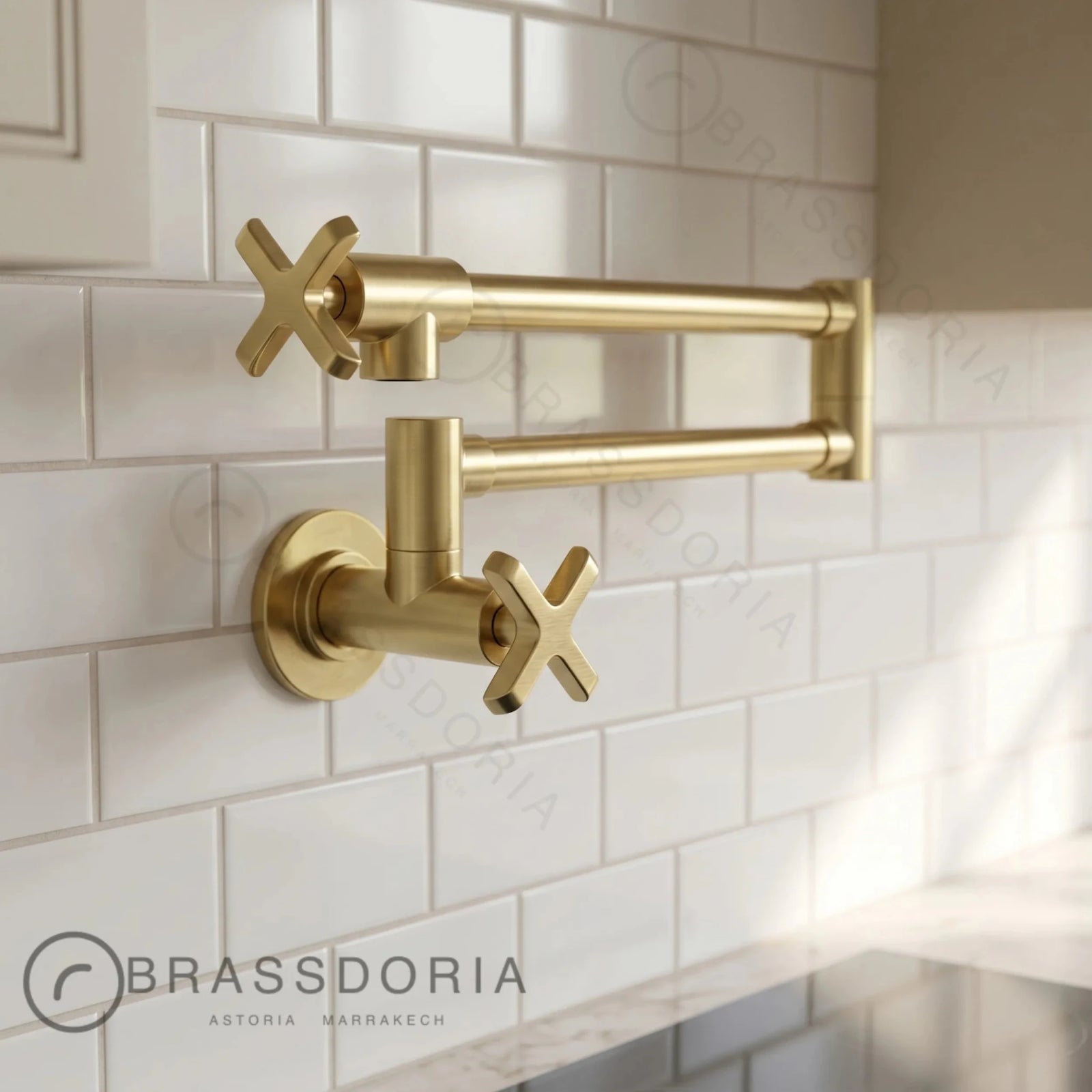 Unlacquered Brass Double Joint Pot Filler Faucet – Wall Mounted Antique Kitchen Tap with Cross Handles - BRASSDORIA