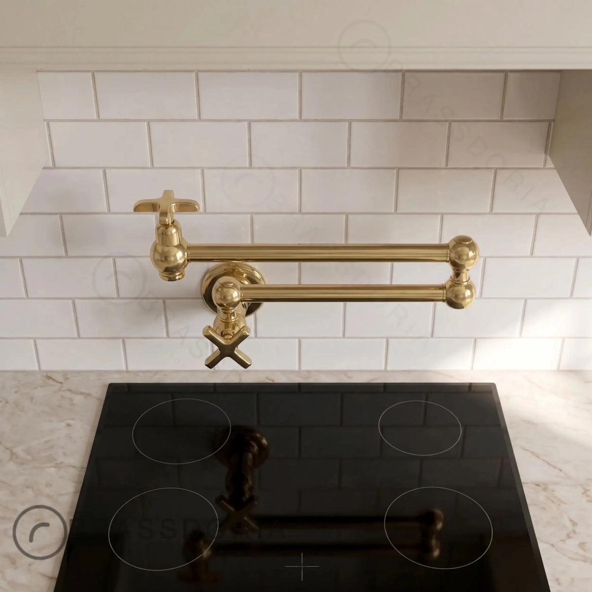 Unlacquered Brass Double Joint Pot Filler Faucet – Wall Mounted Antique Kitchen Tap with Cross Handles - BRASSDORIA