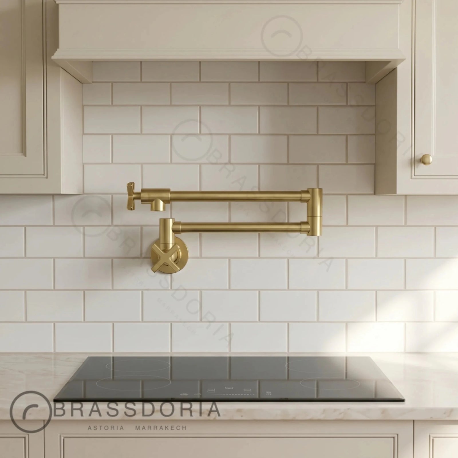 Unlacquered Brass Double Joint Pot Filler Faucet – Wall Mounted Antique Kitchen Tap with Cross Handles - BRASSDORIA