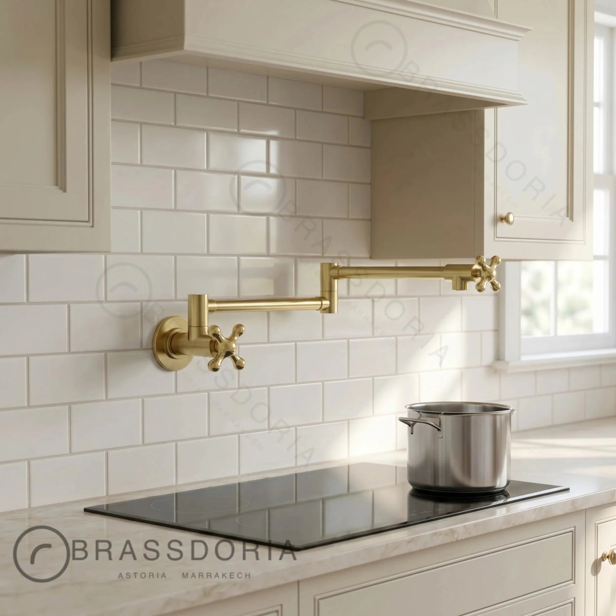 Unlacquered Brass Double Joint Pot Filler Faucet – Wall Mounted Antique Kitchen Tap with Cross Handles - BRASSDORIA