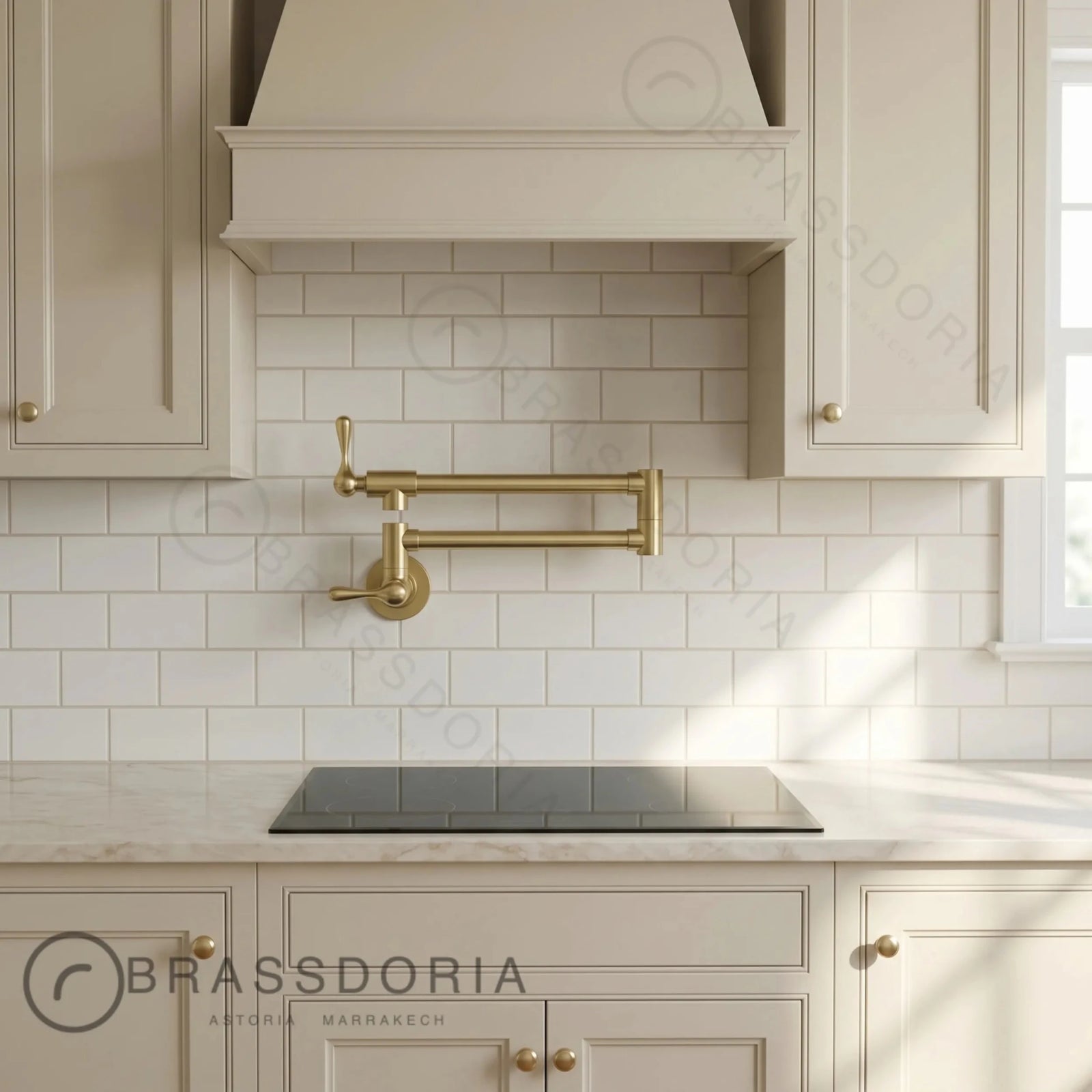 Unlacquered Brass Double Joint Pot Filler Faucet – Wall Mounted Antique Kitchen Tap with Lever Handles - BRASSDORIA