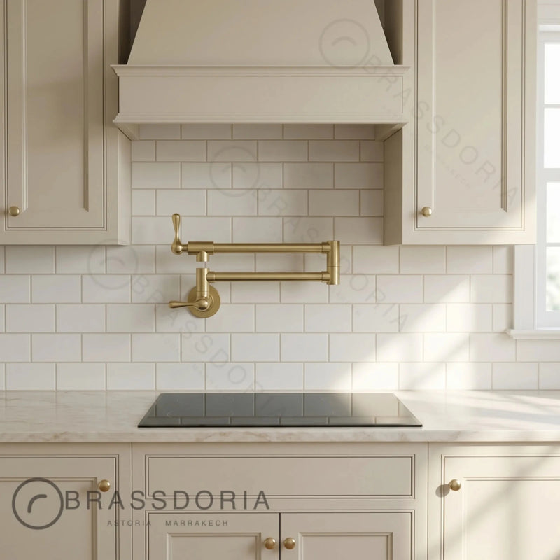 Unlacquered Brass Double Joint Pot Filler Faucet – Wall Mounted Antique Kitchen Tap with Lever Handles - BRASSDORIA