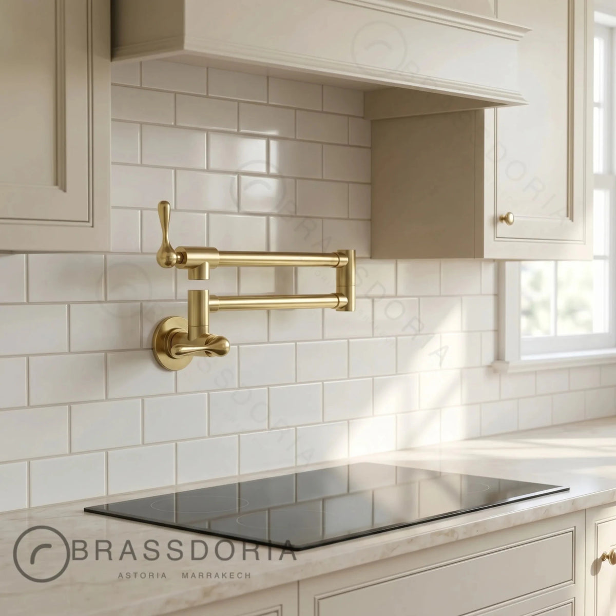 Unlacquered Brass Double Joint Pot Filler Faucet – Wall Mounted Antique Kitchen Tap with Lever Handles - BRASSDORIA