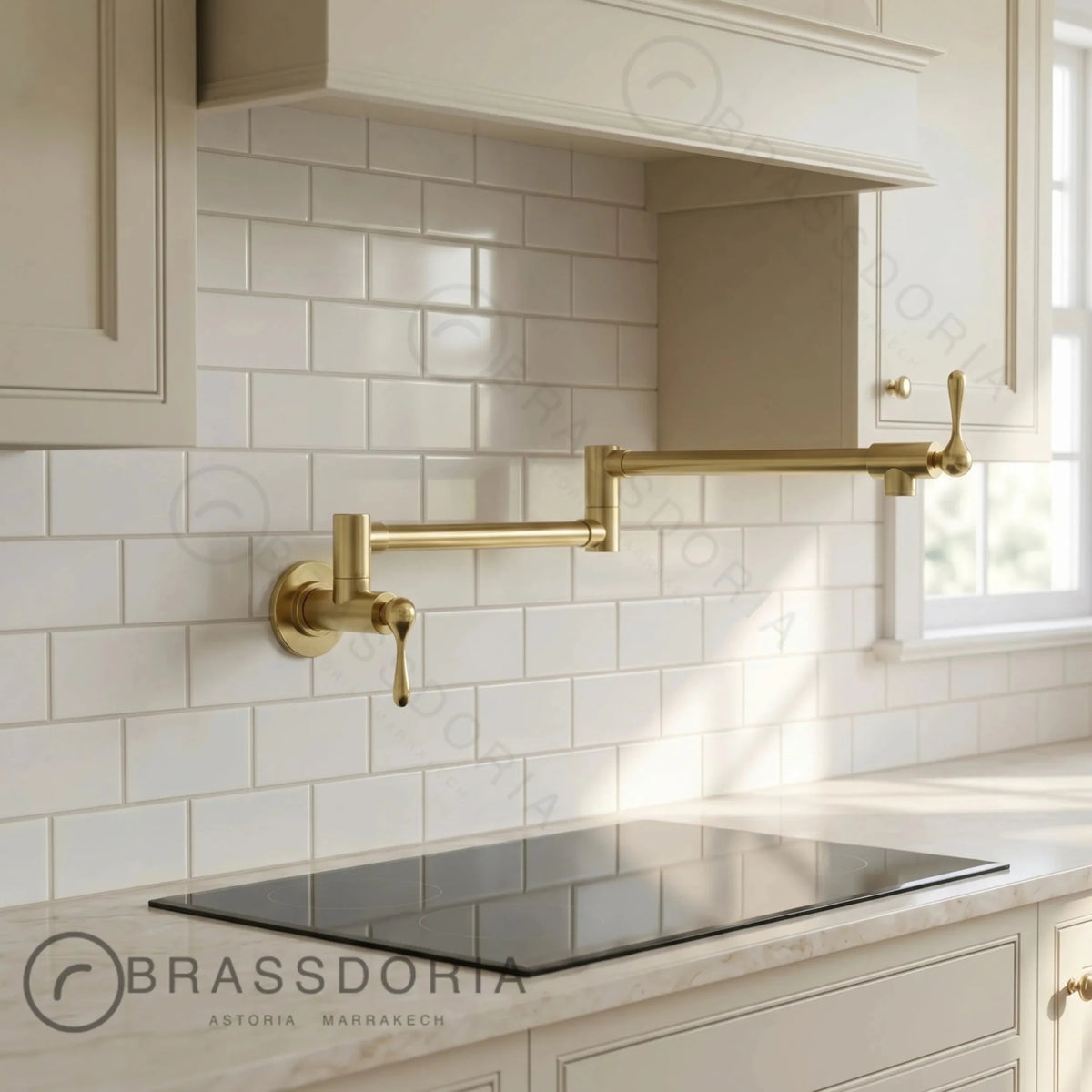 Unlacquered Brass Double Joint Pot Filler Faucet – Wall Mounted Antique Kitchen Tap with Lever Handles - BRASSDORIA