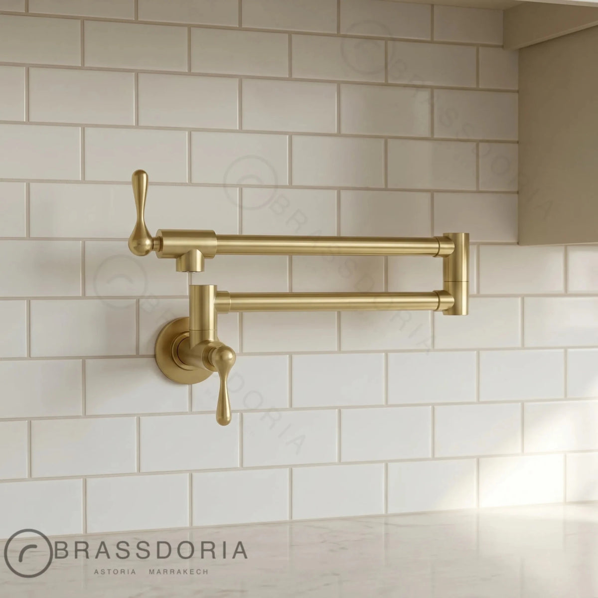 Unlacquered Brass Double Joint Pot Filler Faucet – Wall Mounted Antique Kitchen Tap with Lever Handles - BRASSDORIA