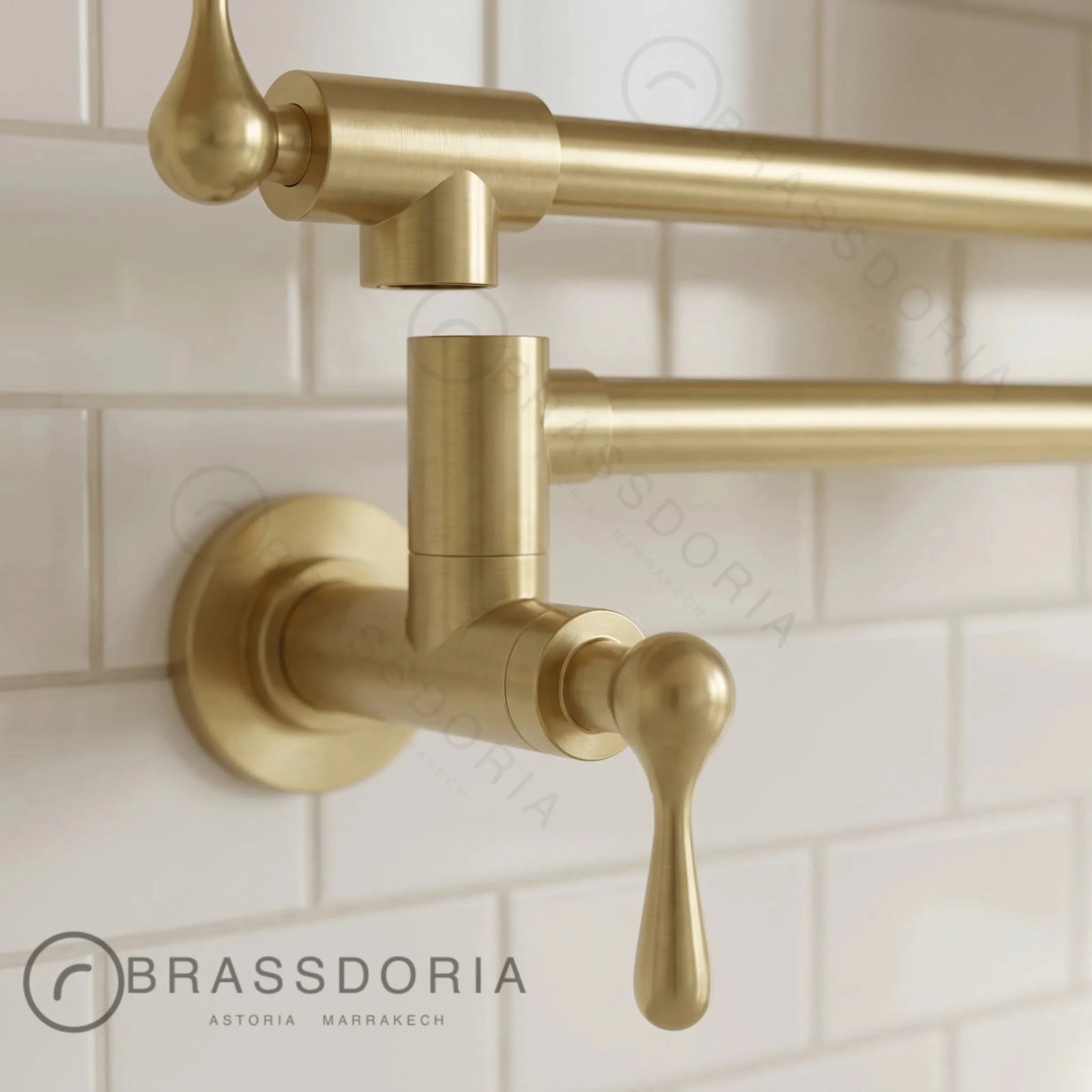 Unlacquered Brass Double Joint Pot Filler Faucet – Wall Mounted Antique Kitchen Tap with Lever Handles - BRASSDORIA