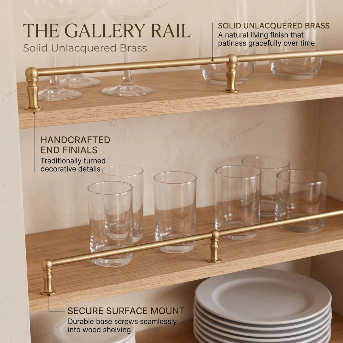 Unlacquered Brass Gallery Rail – Turned Finial Shelf Rail - BRASSDORIA