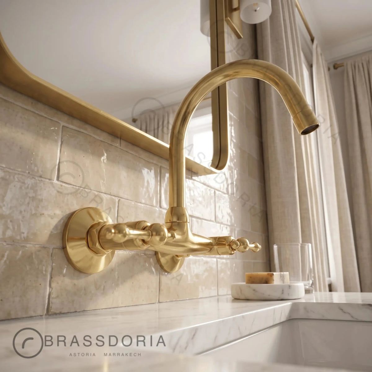Unlacquered Brass Kitchen Wall Mount Faucet, Gooseneck Faucet - BRASSDORIA