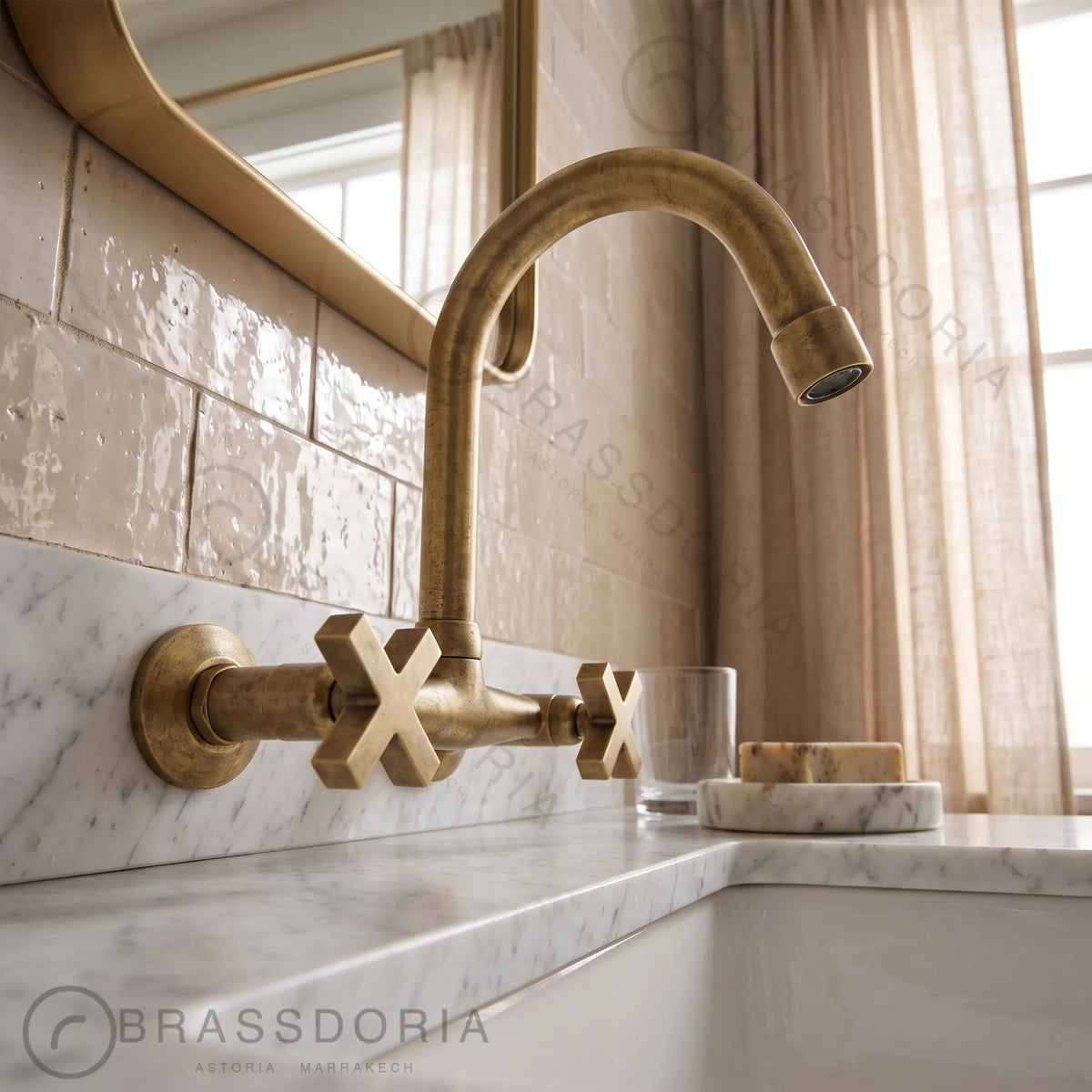 Unlacquered Brass Kitchen Wall Mount Faucet, Gooseneck Faucet - BRASSDORIA