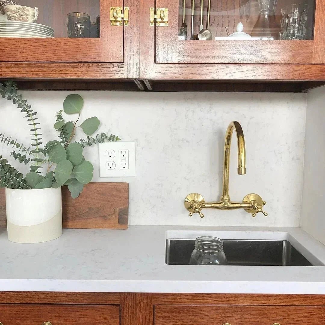 Unlacquered Brass Kitchen Wall Mount Faucet, Gooseneck Faucet - BRASSDORIA