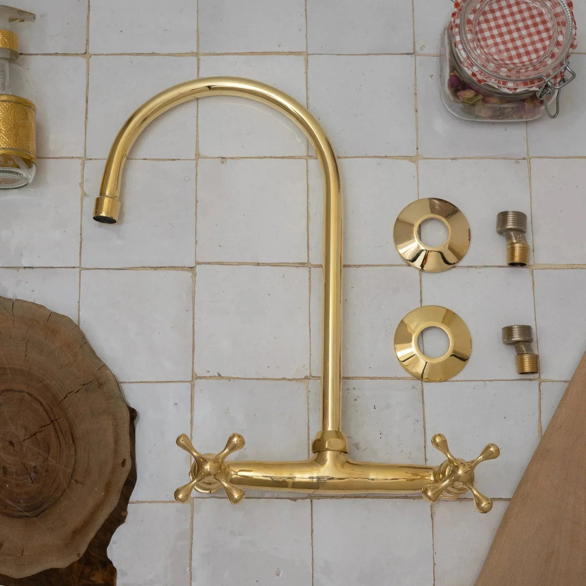 Unlacquered Brass Kitchen Wall Mount Faucet, Gooseneck Faucet - BRASSDORIA