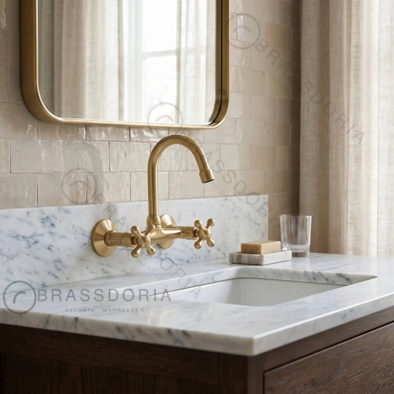 Unlacquered Brass Kitchen Wall Mount Faucet, Gooseneck Faucet - BRASSDORIA