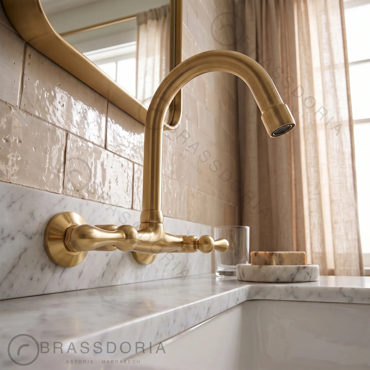 Unlacquered Brass Kitchen Wall Mount Faucet, Gooseneck Faucet - BRASSDORIA