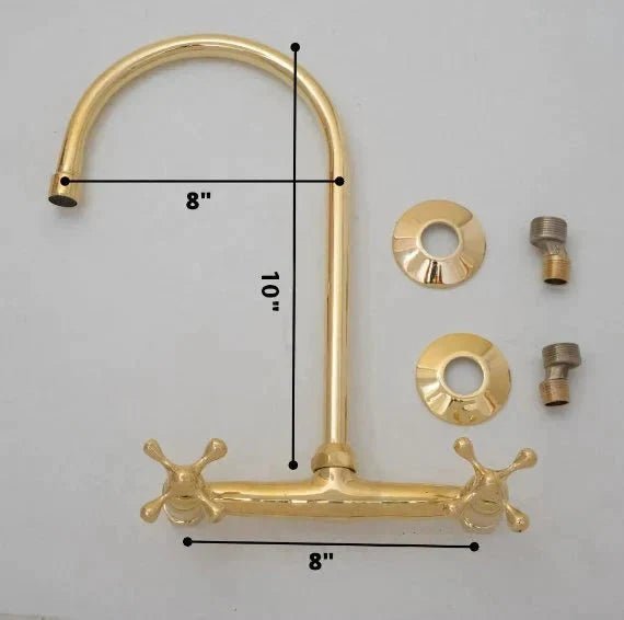 Unlacquered Brass Kitchen Wall Mount Faucet, Gooseneck Faucet - BRASSDORIA