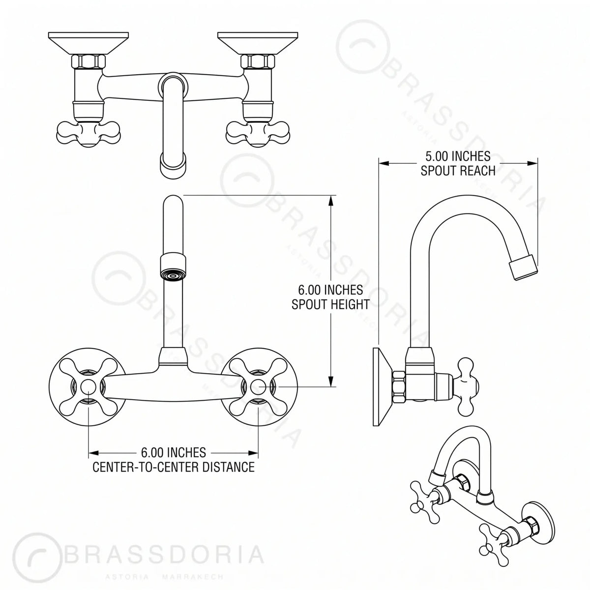 Unlacquered Brass Kitchen Wall Mount Faucet, Gooseneck Faucet - BRASSDORIA
