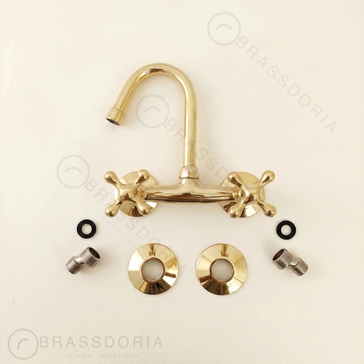 Unlacquered Brass Kitchen Wall Mount Faucet, Gooseneck Faucet - BRASSDORIA