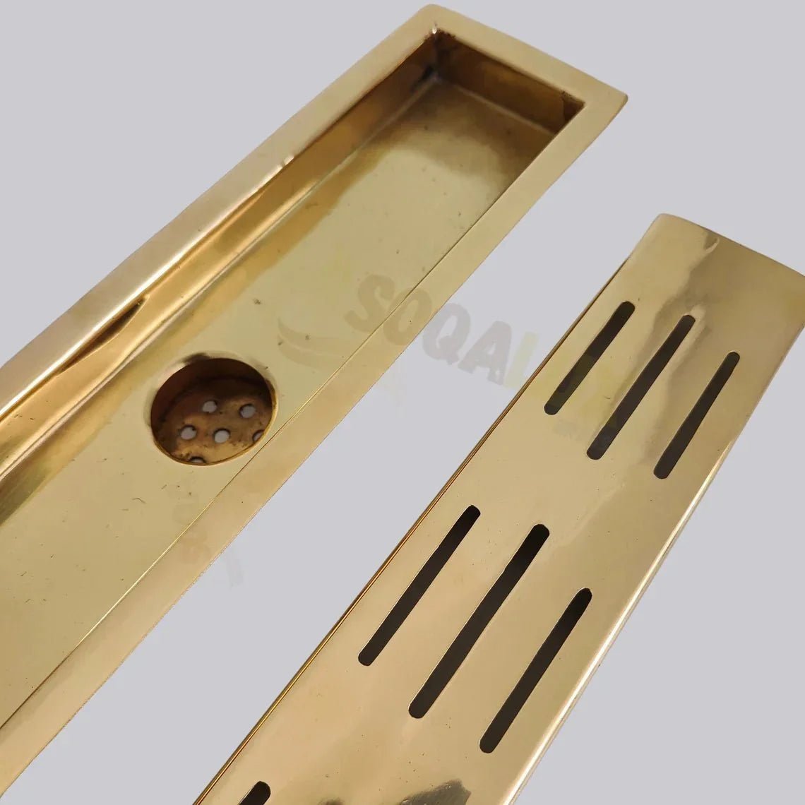 Unlacquered Brass Linear Floor Drain for Modern Bathrooms - BRASSDORIA