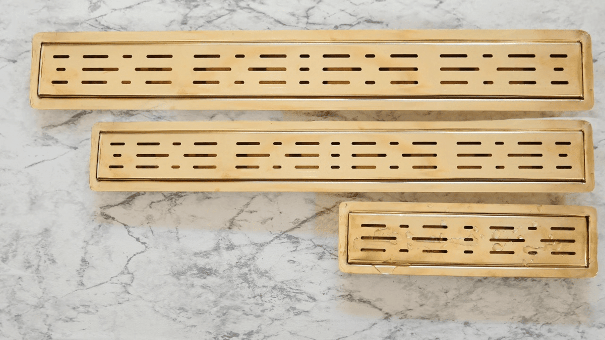 Unlacquered Brass Linear Floor Drain, Solid Brass Rectangular Shower Drain - BRASSDORIA