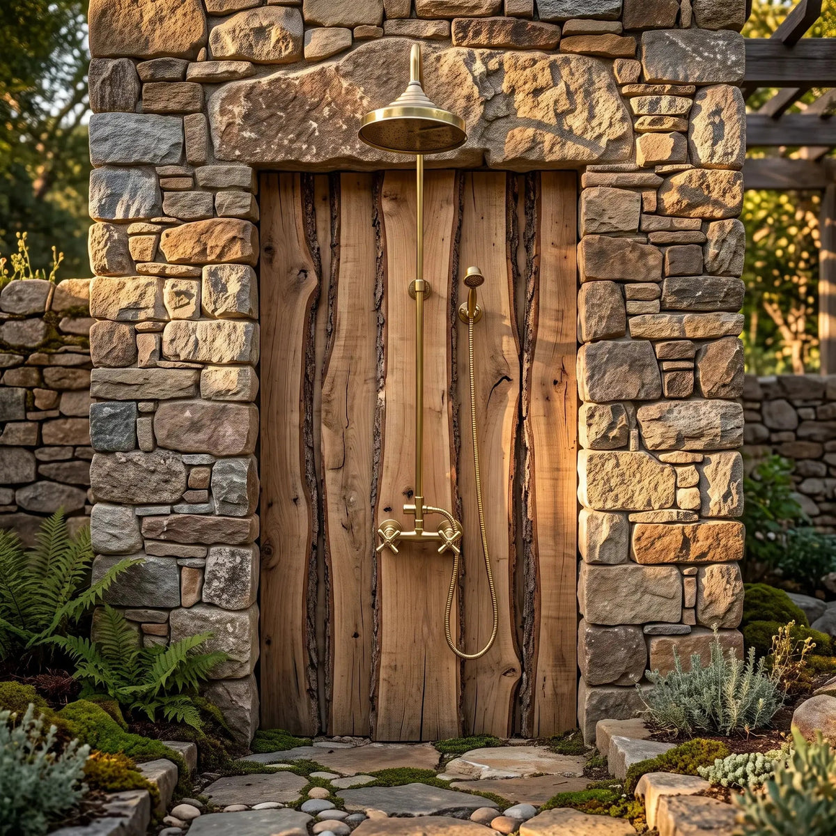 Unlacquered Brass Outdoor Exposed Shower System with Handheld Spray - BRASSDORIA