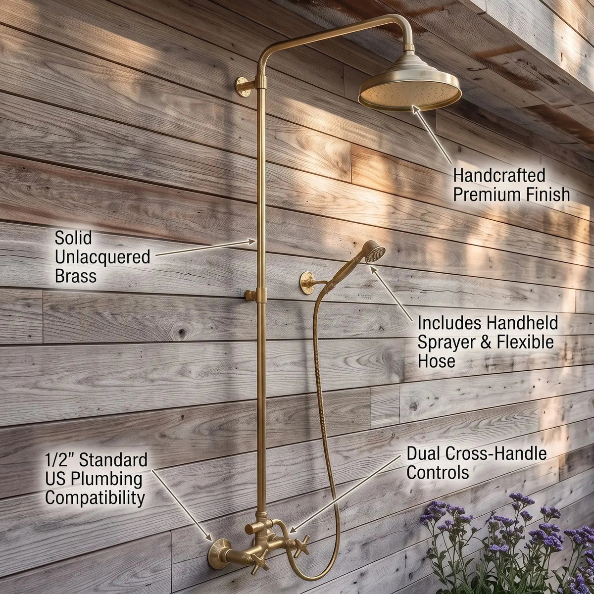 Unlacquered Brass Outdoor Exposed Shower System with Handheld Spray - BRASSDORIA