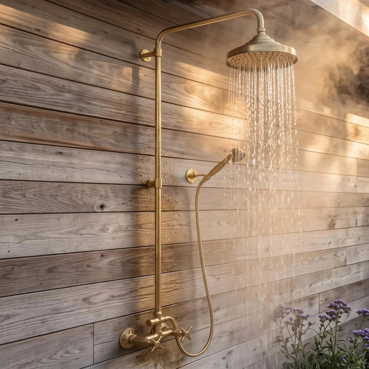 Unlacquered Brass Outdoor Exposed Shower System with Handheld Spray - BRASSDORIA