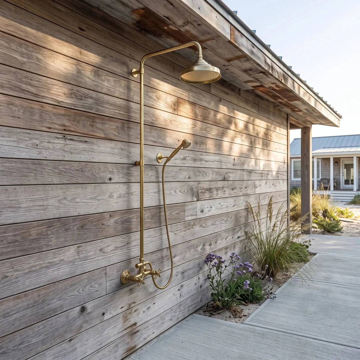 Unlacquered Brass Outdoor Exposed Shower System with Handheld Spray - BRASSDORIA