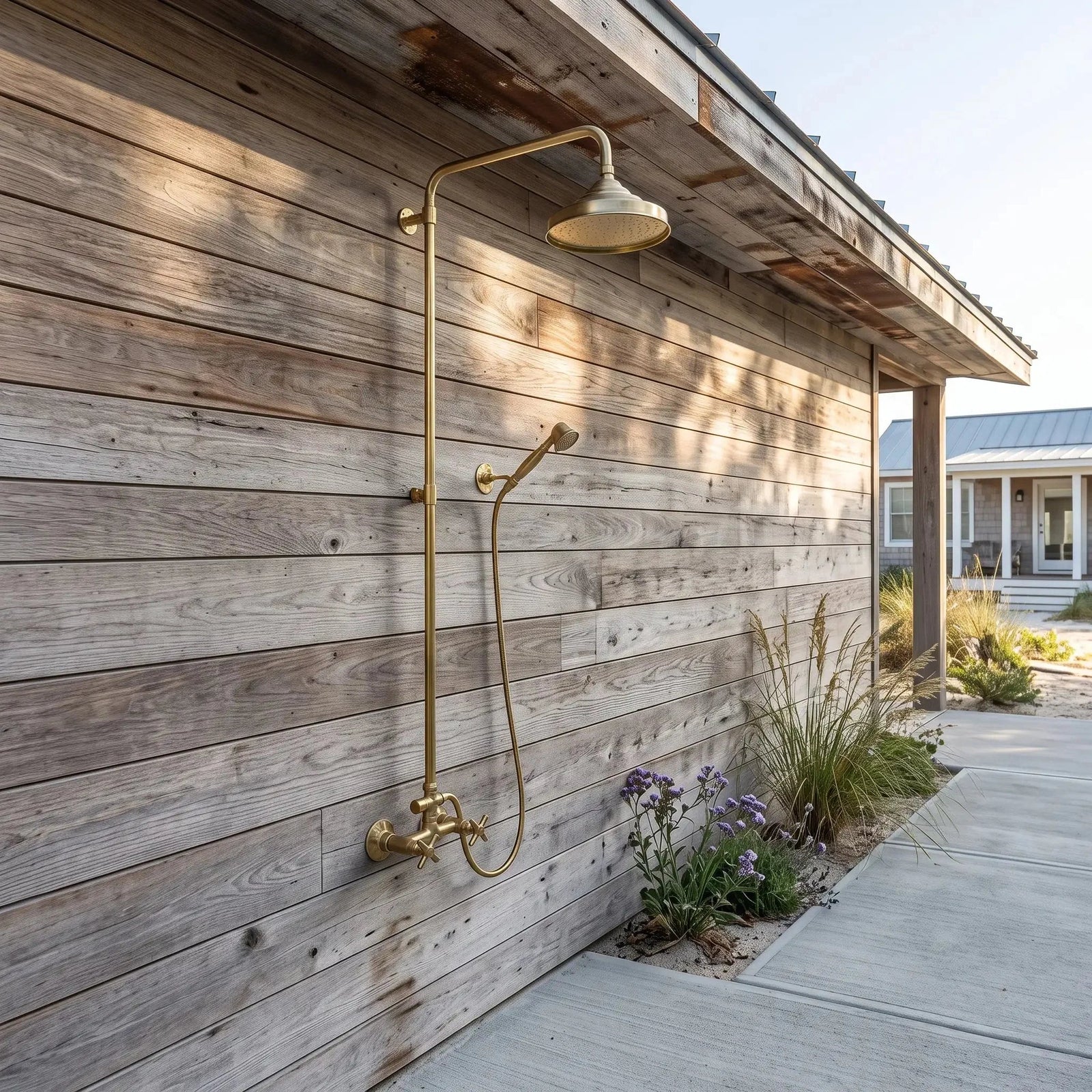 Unlacquered Brass Outdoor Exposed Shower System with Handheld Spray - BRASSDORIA