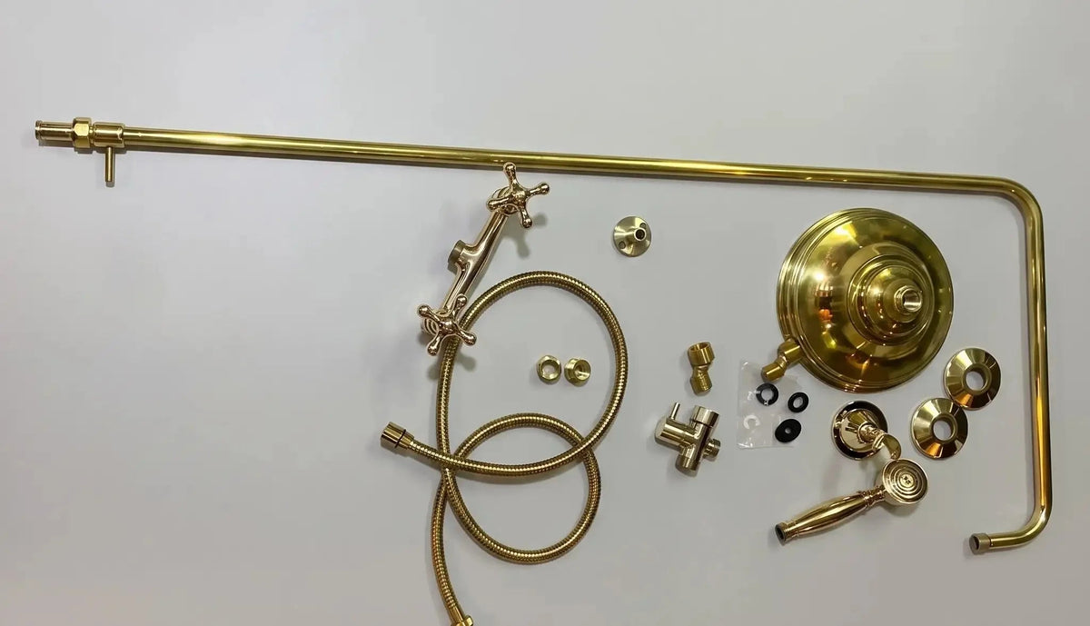 Unlacquered Brass Outdoor Exposed Shower System with Handheld Spray - BRASSDORIA