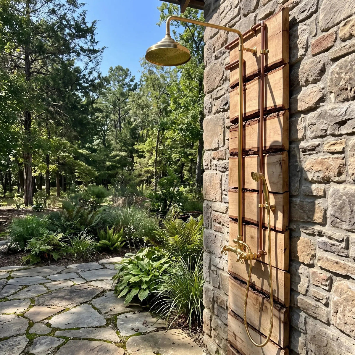 Unlacquered Brass Outdoor Exposed Shower System with Handheld Spray - BRASSDORIA