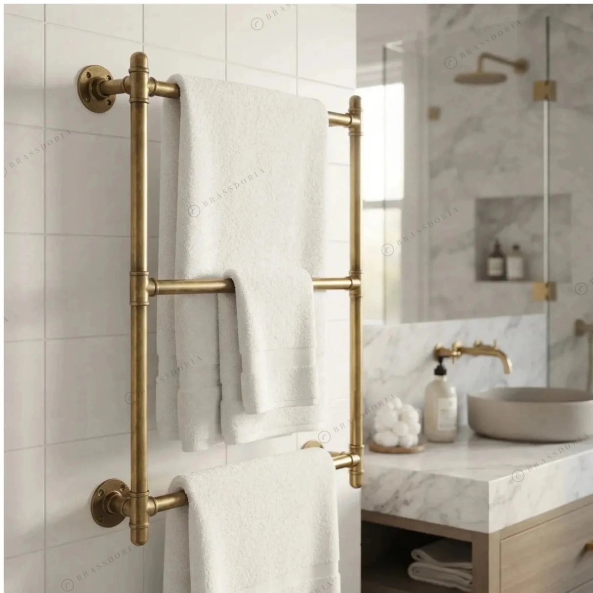 Unlacquered Brass Pipe Towel Rack – Wall-Mounted, 2 to 4 Bars - BRASSDORIA