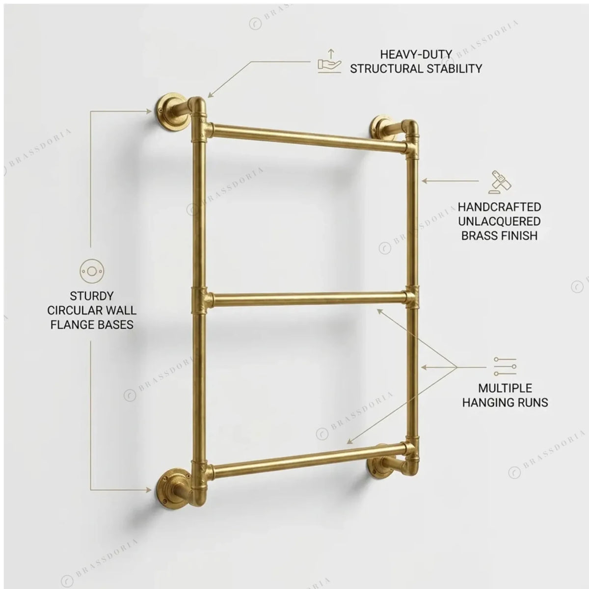 Unlacquered Brass Pipe Towel Rack – Wall-Mounted, 2 to 4 Bars - BRASSDORIA