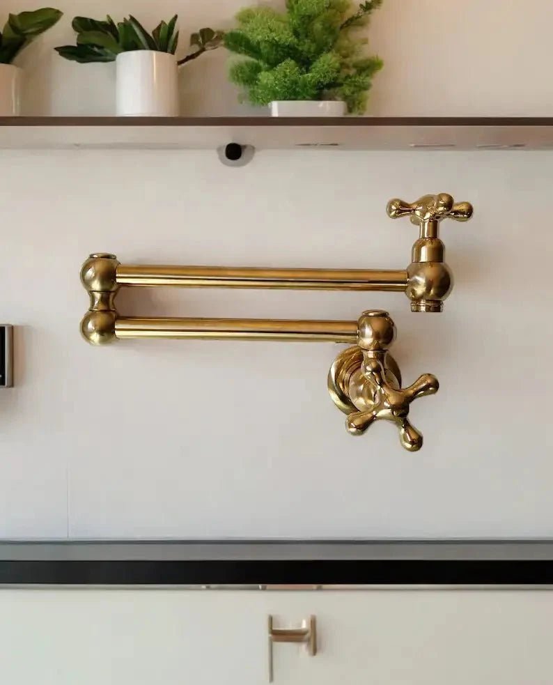 Unlacquered Brass Pot Filler Kitchen Faucet, Stove Pot, Wall Mount Pot Filler - BRASSDORIA