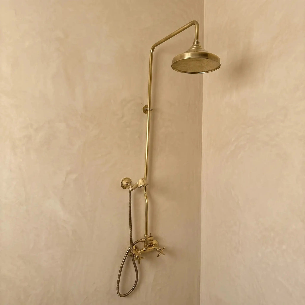 Unlacquered Brass Shower System | Solid Brass Rain Shower Set with Hand Shower | Vintage Wall Mounted Bathroom Fixture - BRASSDORIA