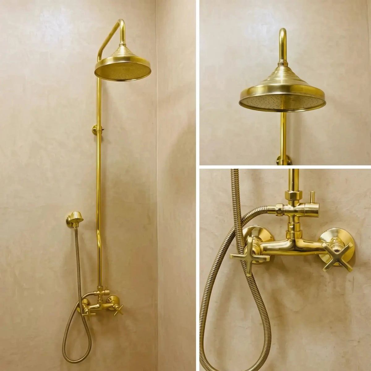 Unlacquered Brass Shower System | Solid Brass Rain Shower Set with Hand Shower | Vintage Wall Mounted Bathroom Fixture - BRASSDORIA