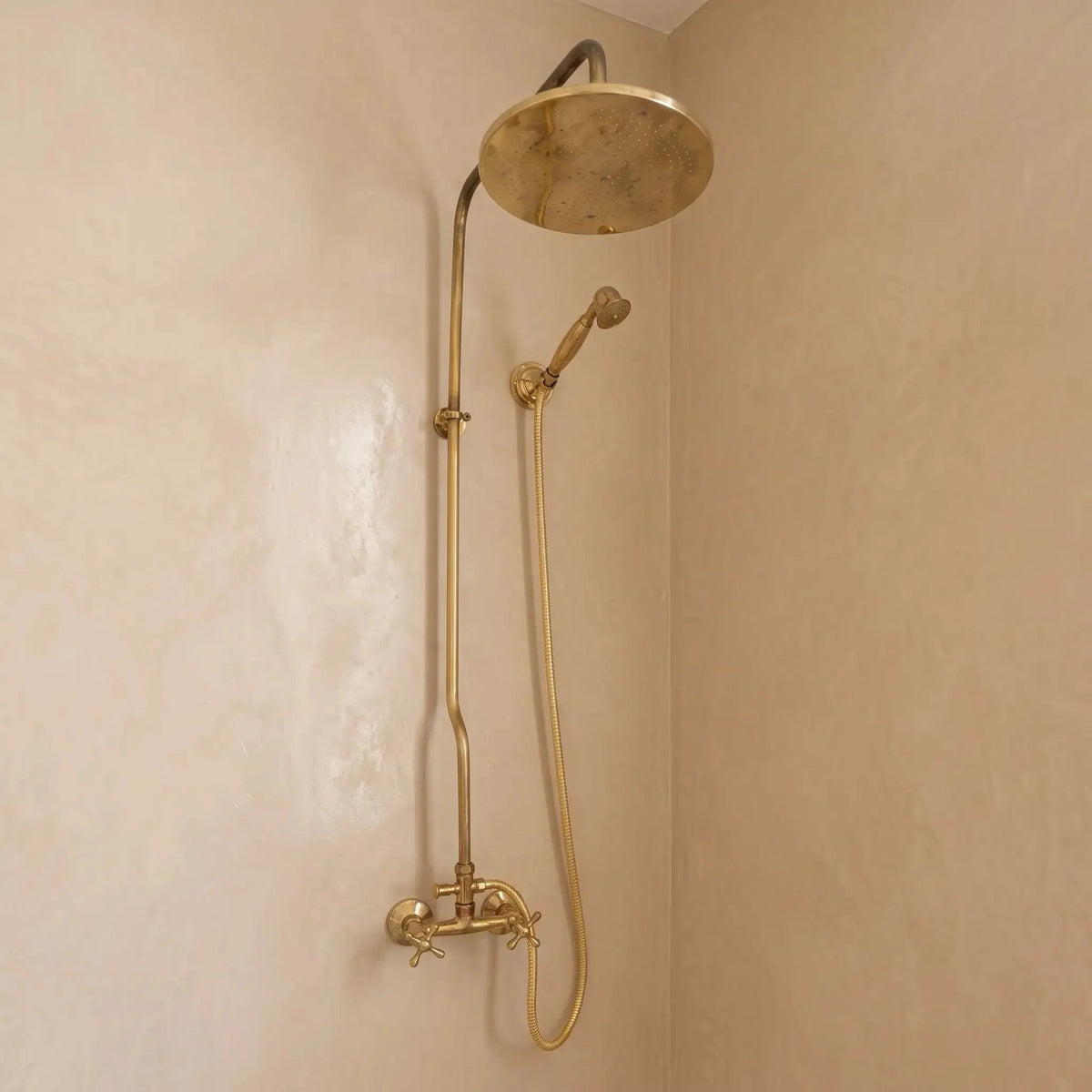 Unlacquered Brass Shower System | Solid Brass Rain Shower Set with Hand Shower | Vintage Wall Mounted Bathroom Fixture - BRASSDORIA