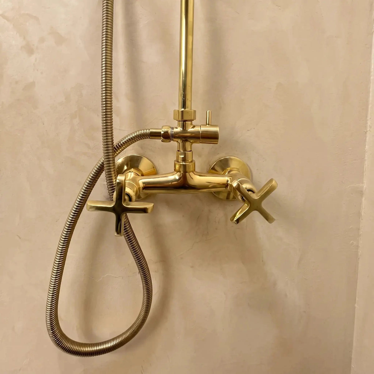 Unlacquered Brass Shower System | Solid Brass Rain Shower Set with Hand Shower | Vintage Wall Mounted Bathroom Fixture - BRASSDORIA