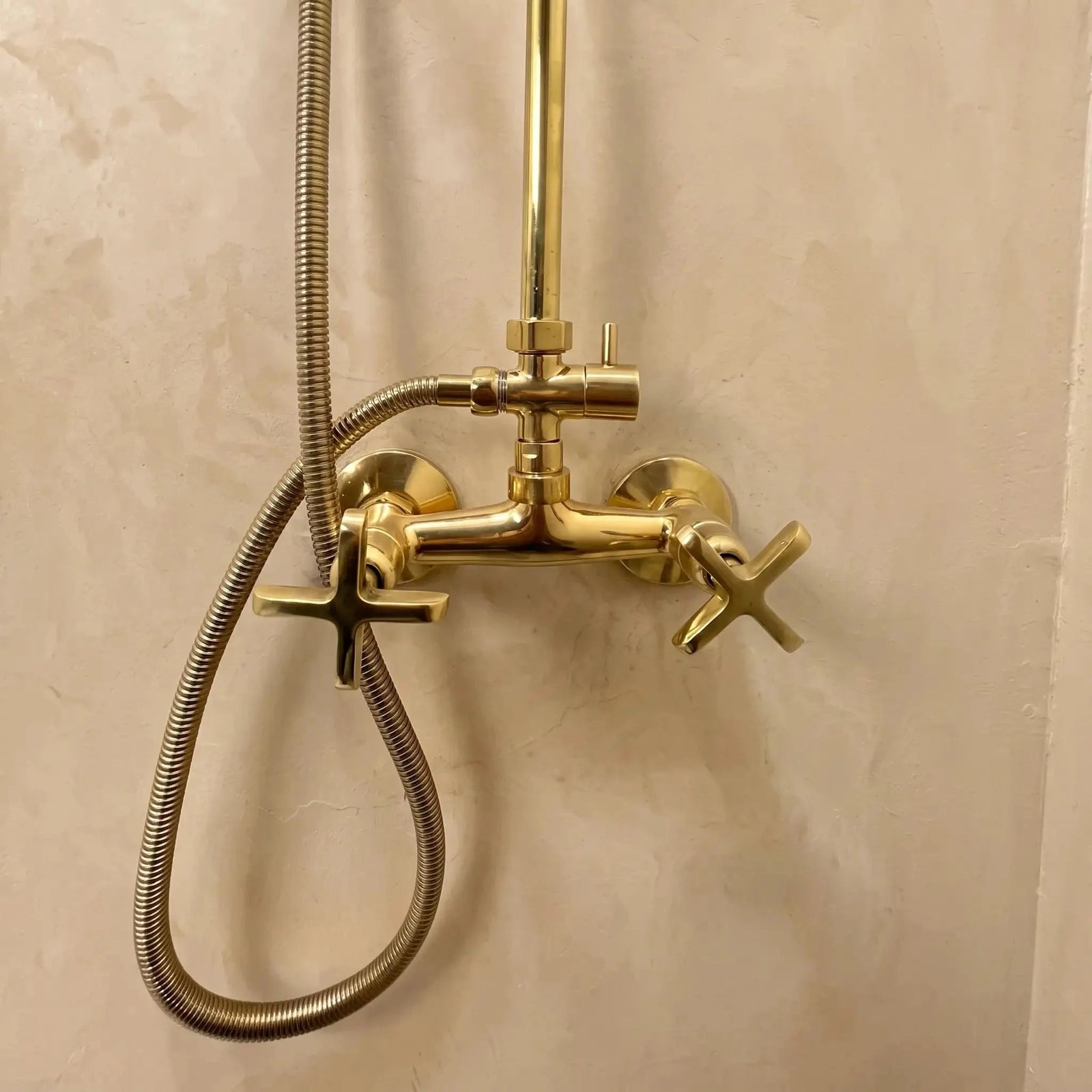 Unlacquered Brass Shower System | Solid Brass Rain Shower Set with Hand Shower | Vintage Wall Mounted Bathroom Fixture - BRASSDORIA