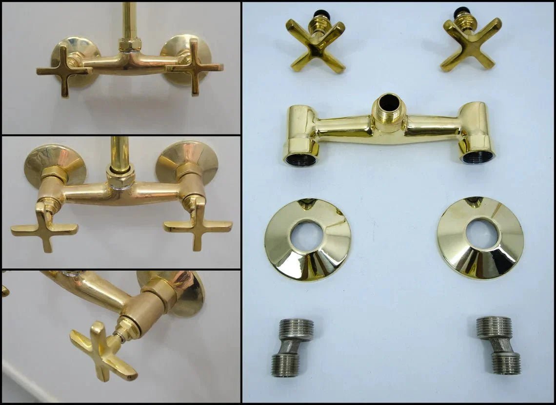 Unlacquered Brass Shower System, Vintage Head Combo, Exposed Pipe - BRASSDORIA