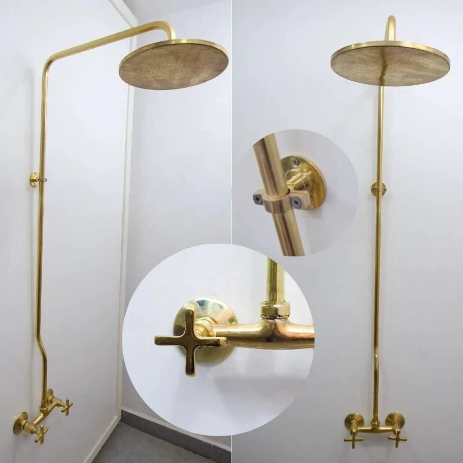 Unlacquered Brass Shower System, Vintage Head Combo, Exposed Pipe - BRASSDORIA
