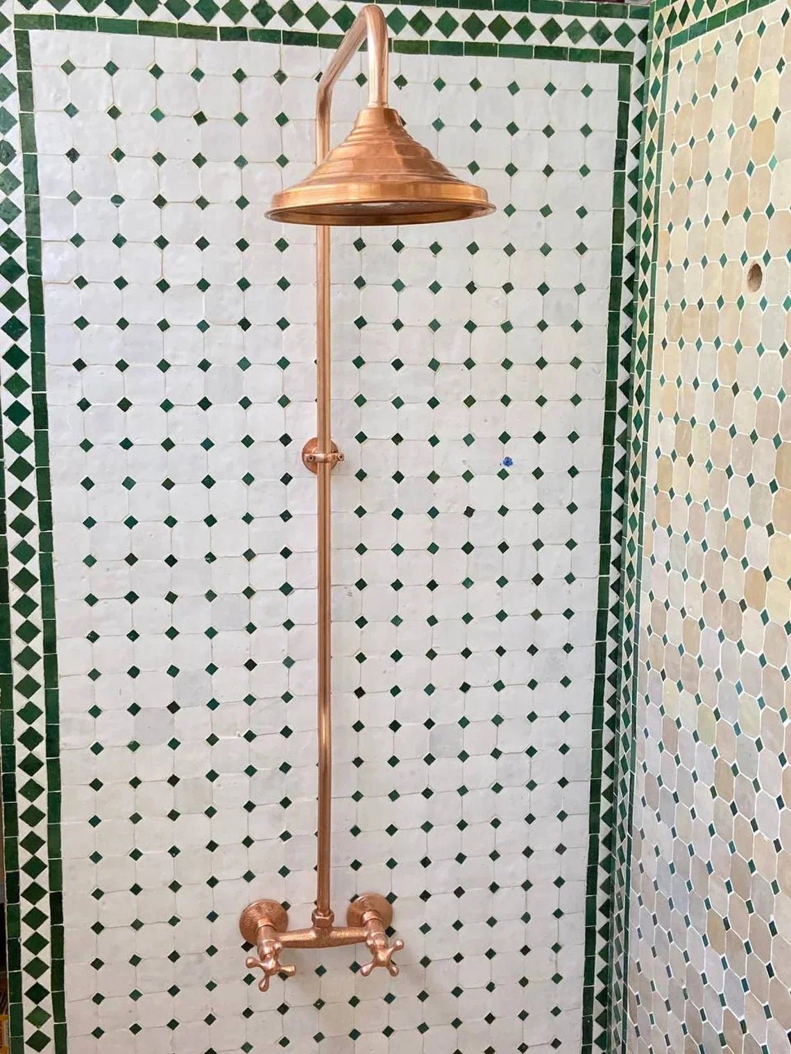 Unlacquered Brass Shower System, Vintage Head Combo, Exposed Pipe - BRASSDORIA