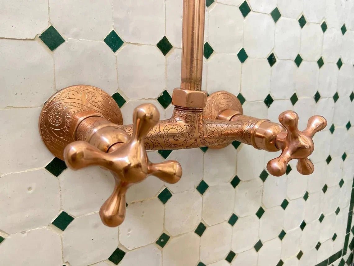 Unlacquered Brass Shower System, Vintage Head Combo, Exposed Pipe - BRASSDORIA