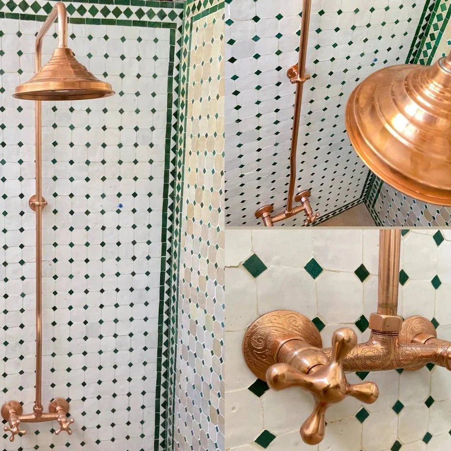Unlacquered Brass Shower System, Vintage Head Combo, Exposed Pipe - BRASSDORIA