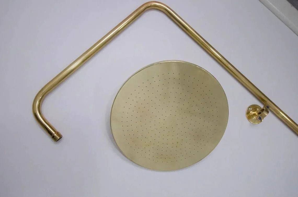 Unlacquered Brass Shower System, Vintage Head Combo, Exposed Pipe - BRASSDORIA