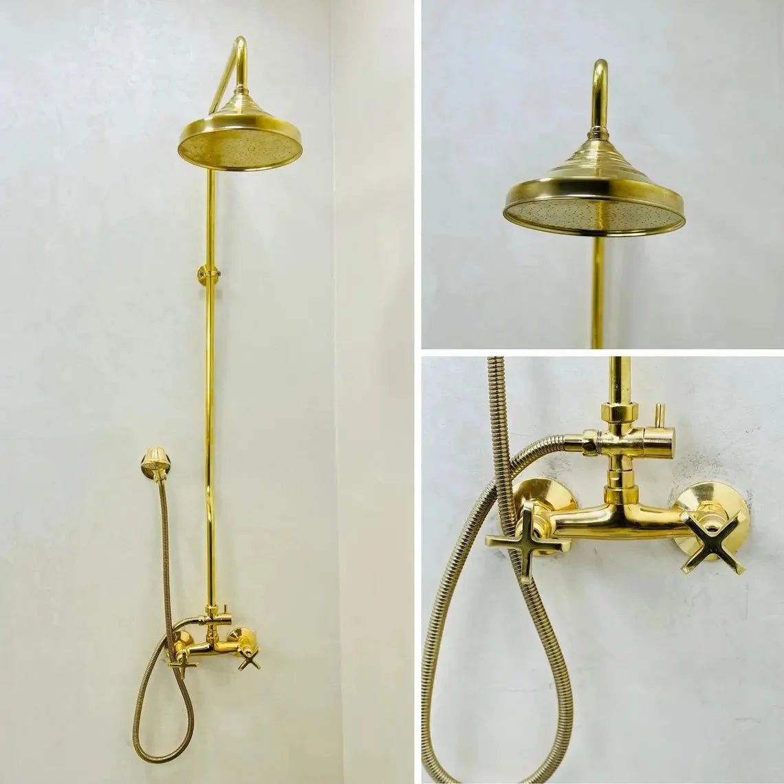Unlacquered Brass Shower System with Handheld - Solid Brass Exposed Shower - BRASSDORIA